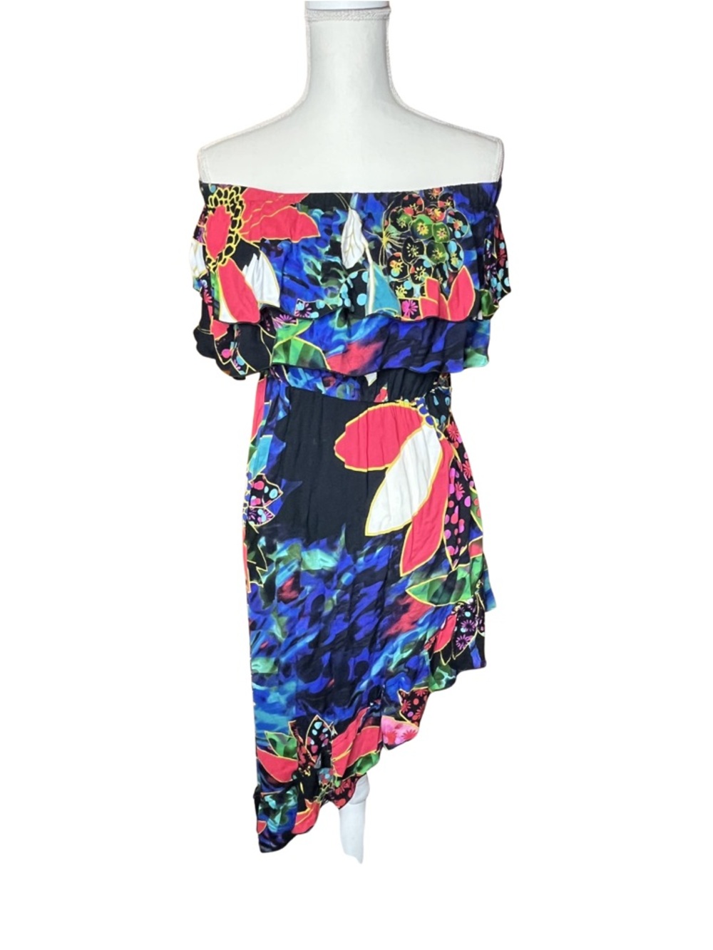 MCM One-Shoulder Floral Print Dress in Navy, Pink, Green